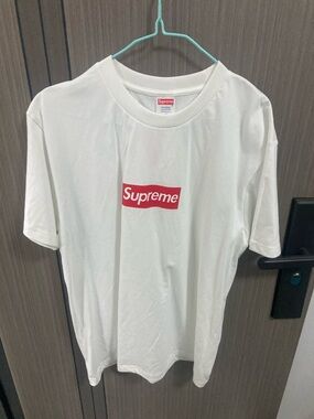 Supreme White Tee with Red Logo Tag and Red Box Logo